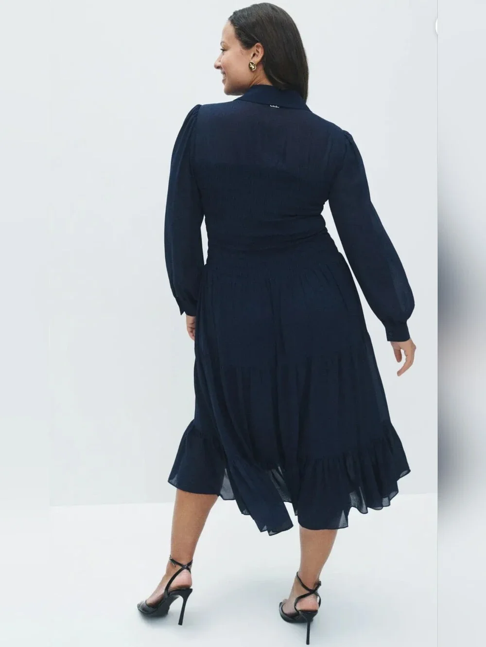 Michael Kors Navy Smocked Button Down Shirt Dress Women Size M